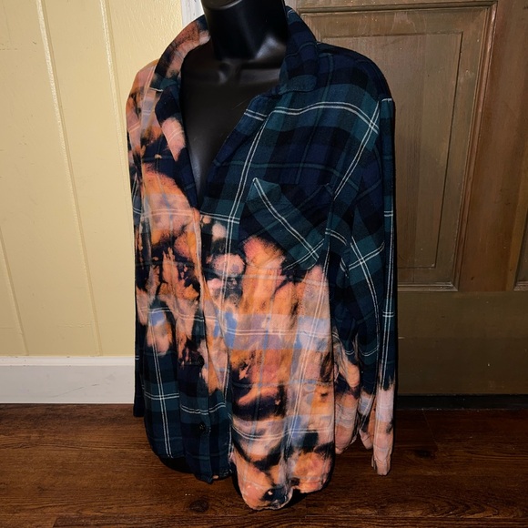 Old Navy Dark Green & Navy Button Up Bleached Long Sleeve Shirt Flannel Size 2X - Picture 5 of 10